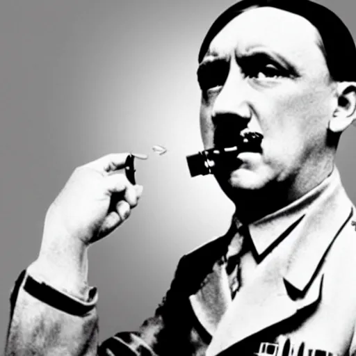 Prompt: photo of adolf hitler pointing a gun to his mouth while crying, before suicide, in the style of martin schoeller