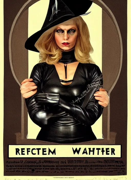 Prompt: perfectly centred realistic picture of a character dressed in leather tight suit and witch hat, dark,!! poster by waldemar swierzy, wiktor gorka, leszek zebrowski