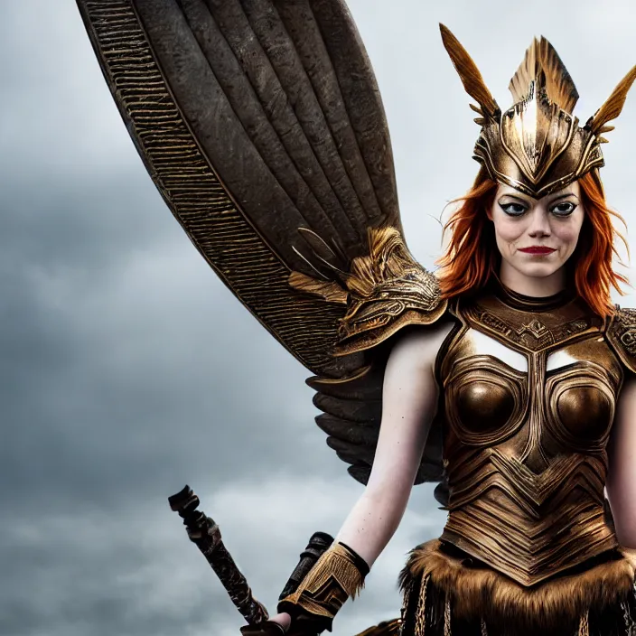 Image similar to professional full length photograph of emma stone as a valkyrie warrior. Extremely detailed. 8k