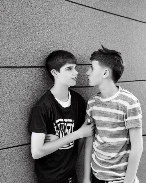 Prompt: black and white photo, two teenage boys stand against a wall, staring lovingly into each other's eyes, cdx