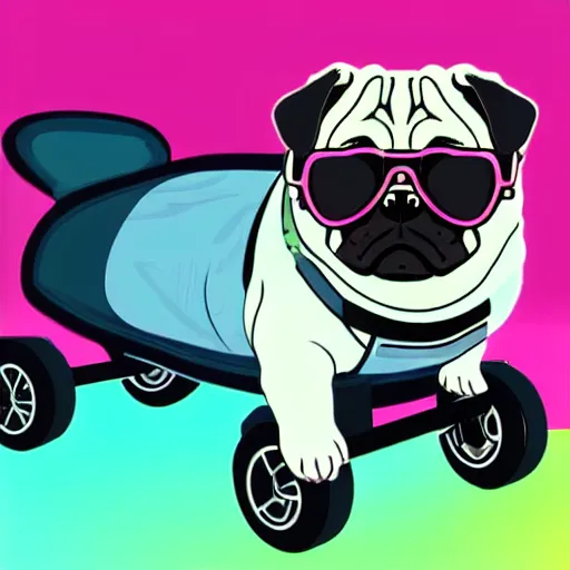 Prompt: a morbidly obese pug wearing sunglasses riding a hoverboard, retrowave style, high resolution photo