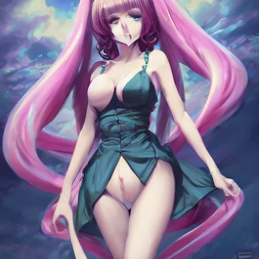 Image similar to cthulhu humanisation as a cute anime girl : : pinup postcard : : by rossdraws, wlop, boris vallejo, gil elvgren, enoch bolles, sleek curves, pixiv award winning, epic light, accurate detailed face, symmetry balance