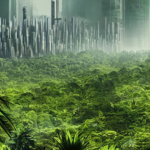 Image similar to an expansive view of a futuristic containment building in a rainforest valley with a futuristic city in the distance, tropical, national geographic, hyper realistic, 4 k, hazy light