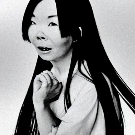 Image similar to Bjork climbs out of your TV screen towards you like Sadako, J-Horror, 90s, 35mm film