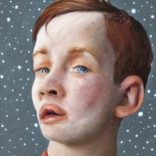 Prompt: face portrait of a thin teen boy with short red hair, a lot of freckles, blue eyes, a long nose, freckles, highly detailed, digital art