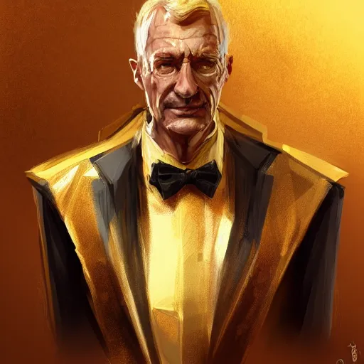 Prompt: a painted portrait of a middle-aged man in a golden suit, D&D, sci-fi, elegant, hopeful, muscular, highly detailed, digital painting, artstation, concept art, smooth, sharp focus, illustration