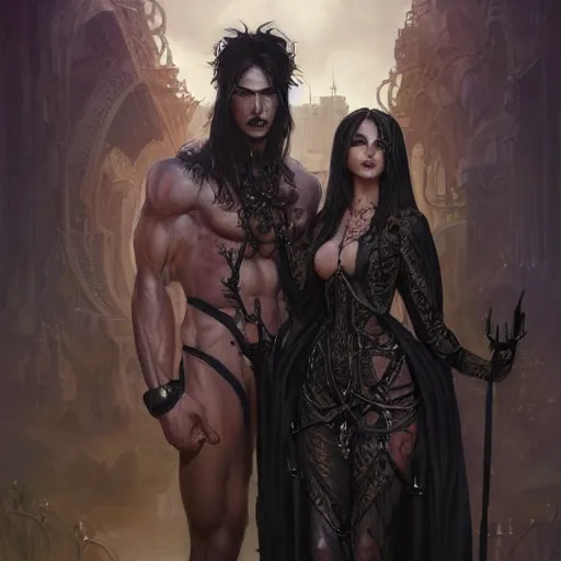 Image similar to a tall goth girl and a strong buff handsome man, family photo, cute, intricate, highly detailed, digital painting, artstation, concept art, smooth, sharp focus, illustration, unreal engine 5, 8 k, art by artgerm and greg rutkowski and alphonse mucha