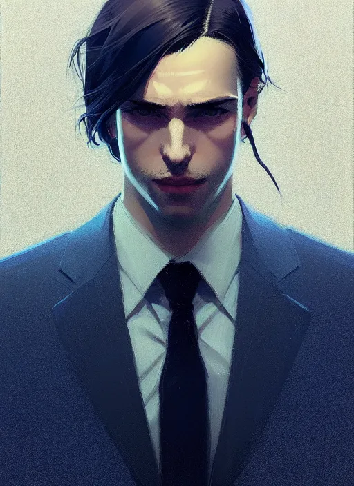 Prompt: a man in his twenties, handsome, long hair, suit ， perfect face, symmetric eyes, sharp focus, specular reflection, occlusion shadow, artstation, by ilya kuvshinov and jeremy lipking, light novel cover art, 3 d epic illustrations, symmetric body