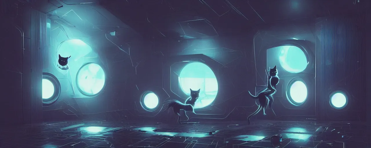 Image similar to duotone noir scifi concept illustration of black cat inside m box glowing 3 d mesh quantum portals particles mesh, glowing eyes, octane render, surreal atmosphere, volumentric lighting. accidental renaissance. by sachin teng and sergey kolesov and ruan jia and heng z. graffiti art, scifi, fantasy, hyper detailed. trending on artstation