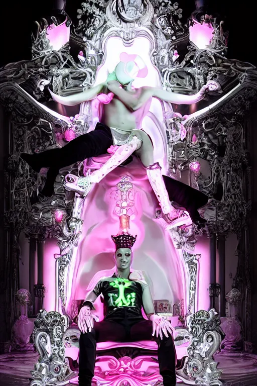 Image similar to full-body rococo and cyberpunk style neon statue of a young attractive Alex Rodriguez macho dotado e rico android sim roupa reclining con las piernas abertas e la piroca dura, glowing white lasers, glowing eyes, silver prince crown, black gears, pink diamonds, swirling mint-colored silk fabric. futuristic elements. ethereal white dripping tar. full-length view. human skulls. large pink balloon animals. intricate artwork by caravaggio. Trending on artstation, octane render, cinematic lighting from the right, hyper realism, octane render, 8k, depth of field, 3D