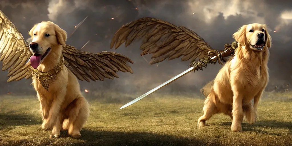 Image similar to golden retriever in medieval armor with wings and sword epic battle, photorealistic ultra detail quality shot from michael bay movie