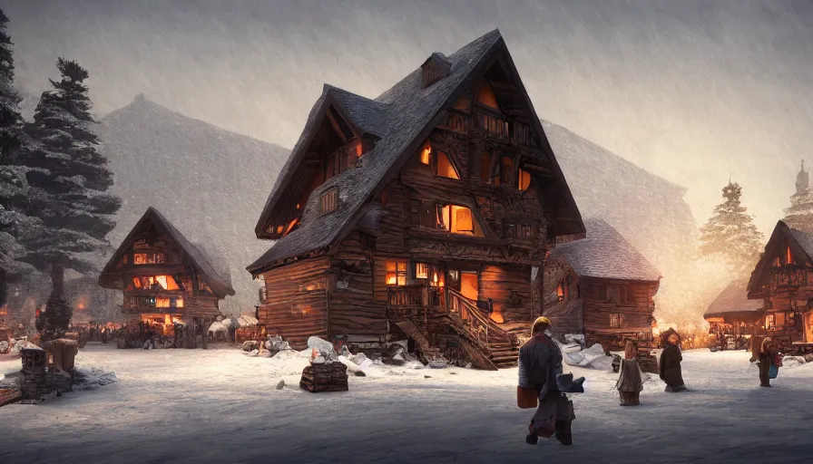 Image similar to wooden village built near a frozen lake in snowy mountains, fireplace, evening, people, hyperdetailed, artstation, cgsociety, 8 k