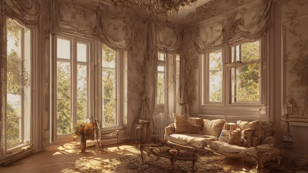 Image similar to richly decorated Victorian house, beautiful, detailed wood, photorealistic, photorealism, the autumn light comes in through a window, diffuse light, octane render