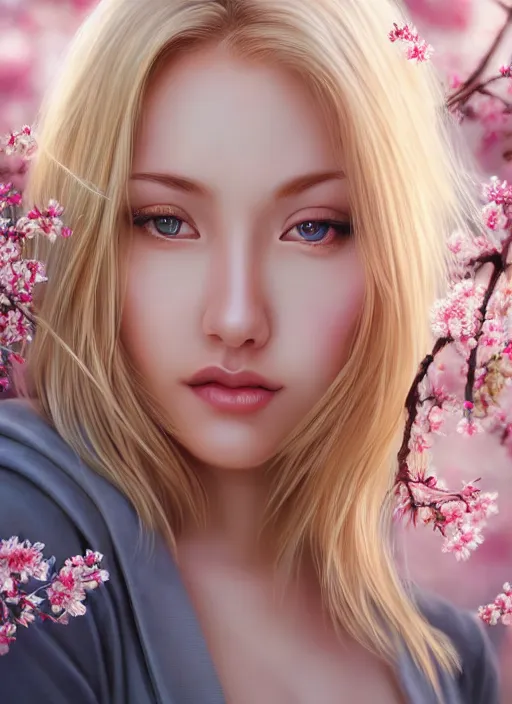 Image similar to photo of a gorgeous blonde female in the style of stefan kostic, realistic, half body shot, sharp focus, 8 k high definition, insanely detailed, intricate, elegant, art by stanley lau and artgerm, extreme blur cherry blossoms background