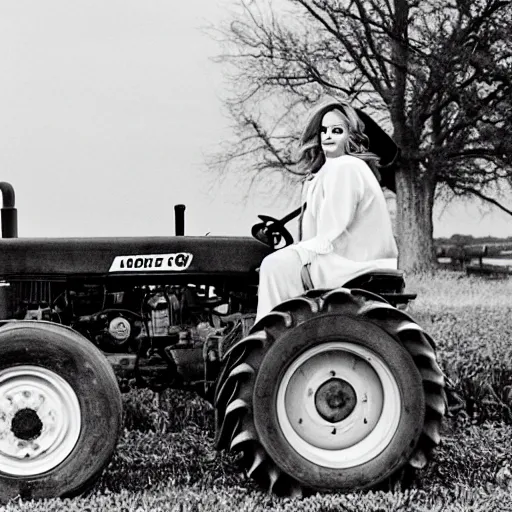 Prompt: Adele driving a tractor, photograhy