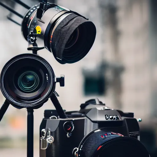 Image similar to a close up of a camera on a tripod, a tilt shift photo by larry zox, featured on cg society, video art, filmic, 8 k resolution, 8 k