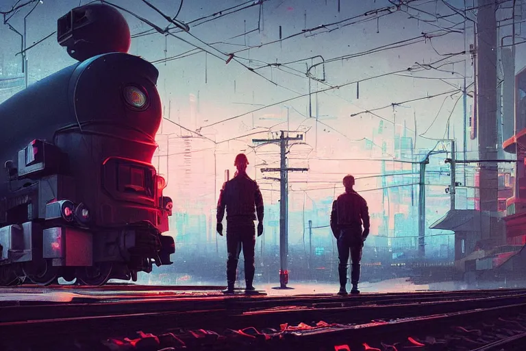 Image similar to a man standing in front of a train on a train track, cyberpunk art by mike winkelmann, trending on cgsociety, retrofuturism, reimagined by industrial light and magic, darksynth, sci - fi