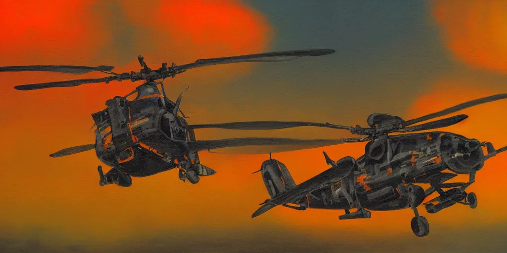 Prompt: Painting of vietnam American helicopters, above a forest, orange sun set, abstract, realism, 8k, detailed, glow