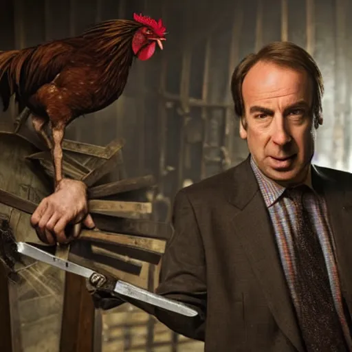 Prompt: saul goodman and a rooster in a medieval torture chamber, saw blades and knives in the background, horror movie, saul goodman!!, rooster!!!!!!, real life photo, detailed face