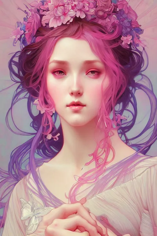 Prompt: beautiful pink blue, dark fantasy, intricate, elegant, highly detailed, digital painting, artstation, concept art, matte, sharp focus, illustration, art by artgerm and alphonse mucha