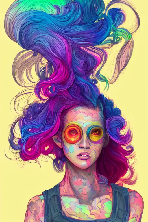 Image similar to a award winning half body portrait of a beautiful woman with stunning eyes in a printed croptop and cargo pants with rainbow colored ombre hairstyle head in motion and hair flying by josan gonzales, outrun, vaporware, shaded flat illustration, digital art, trending on artstation, highly detailed, fine detail, intricate