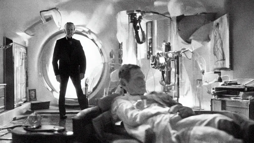 Image similar to an mri image of james cavell in the living room, film still from the movie directed by denis villeneuve with art direction by salvador dali, wide lens