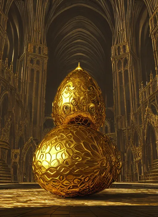 Prompt: Giant golden ornate egg in the middle of a cathedral. In style of Yoji Shinkawa and Hyung-tae Kim, trending on ArtStation, dark fantasy, great composition, concept art, highly detailed, dynamic pose.