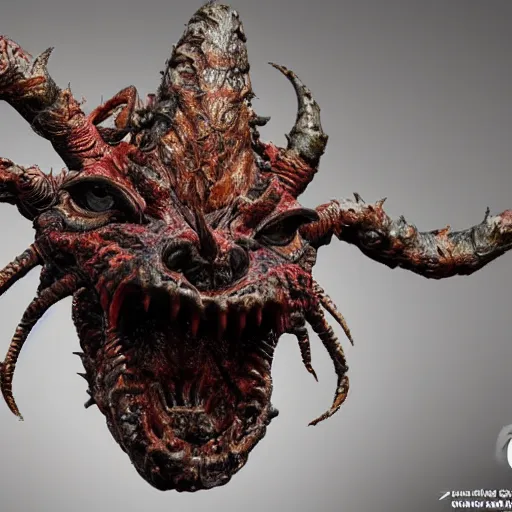 Image similar to photo taken of an epic intricate, ultra detailed, super realistic gritty, terrifying, lifelike bust sculpture of a demon hellspawn creature design created by weta workshop, zoomed in shots, photorealistic, sharp focus, cold colour temperature, f 0. 4, face centred