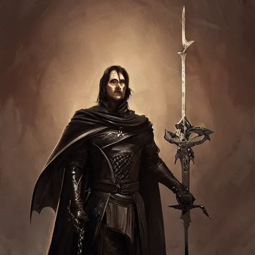 Image similar to the torturer Severian from Book of the New Sun by gene wolfe holds his sword and wears his darkest black cape, D&D, fantasy, intricate, highly detailed, oil painting, artstation, Greg Rutkowski, Artgerm, Alphonse Mucha, WLOP