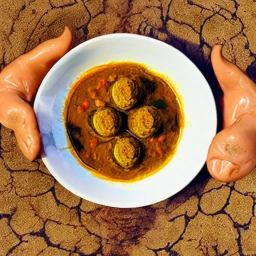 Prompt: photo of a man with three eyes ecstatically eating a bowl of indian frog curry. third eye forehead joy pineal eye minds eye cyclops, hands raised