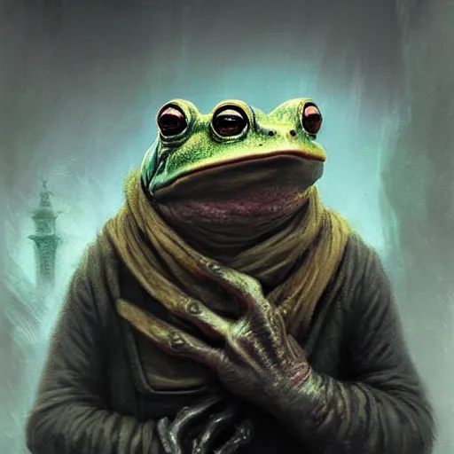 Prompt: Magic the Gathering Digital art of Elderly anthropomorphic frog russian grandmother. By Seb McKinnon