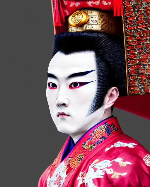 Image similar to photo of a Dramatic Peking Opera male character wearing elaborate makeup and full chinede opera costume in the style of stefan kostic, realistic, sharp focus, symmetric, 8k high definition, insanely detailed, intricate, elegant, art by stanley lau and artgerm, William-Adolphe Bouguereau