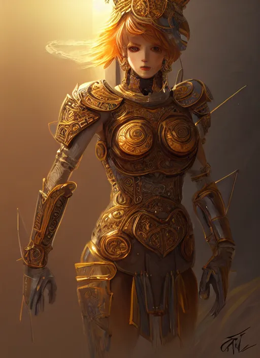 Image similar to portrait knights of zodiac girl, golden and copper shining armor, in ruined agora of athens sunrise, ssci - fi and fantasy, intricate and very very beautiful and elegant, highly detailed, digital painting, artstation, concept art, smooth and sharp focus, illustration, art by tian zi and ilya kuvshinov and wlop and z - - ed