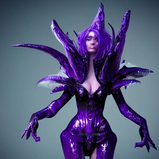 Prompt: “ purple warlock, victoria's secret model white hair, full body, highly detailed, photo realistic, dark fantasy atmosphere, froggy, 8 k, octane render, unreal engine ”