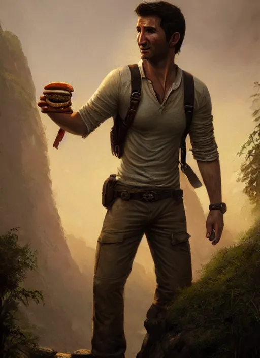 Image similar to Portrait of Nathan Drake with elven ears eating a cheeseburger, realistic, detailed, 4k by Greg Rutkowski Mark Arian trending on artstation