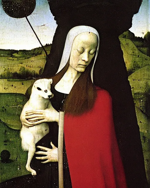 Image similar to Lady with an Ermine by Leonardo painting by Hieronymus Bosch