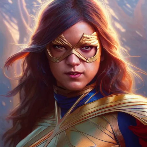 Image similar to portrait painting of ms. marvel as a warrior fairy, ultra realistic, concept art, intricate details, eerie, highly detailed, photorealistic, octane render, 8 k, unreal engine. art by artgerm and greg rutkowski and charlie bowater and magali villeneuve and alphonse mucha