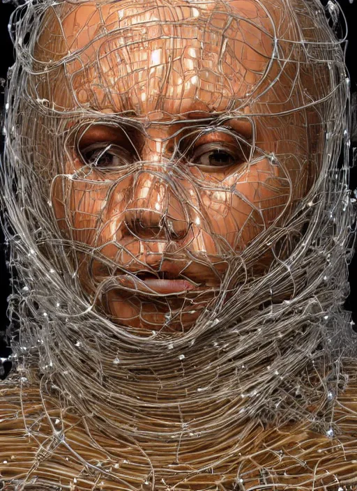 Prompt: a beautiful face draped in fat cluttered inflated wires in the style of peter gric hd