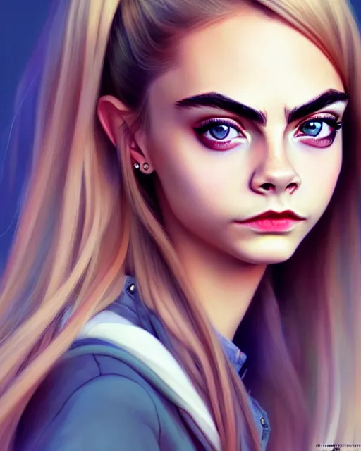 Image similar to portrait of Cara Delevingne as Anime girl cute-fine-face, full body! pretty face, realistic shaded Perfect face, fine details. Anime. realistic shaded lighting by Ilya Kuvshinov Giuseppe Dangelico Pino and Michael Garmash and Rob Rey