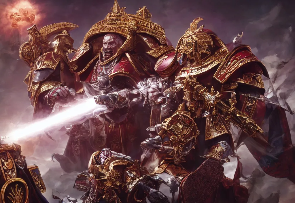 Image similar to portrait of vladimir putin as emperor and dmitryi medvedev as fulgrim in warhammer 4 0 k, 4 k, 8 k, octane render