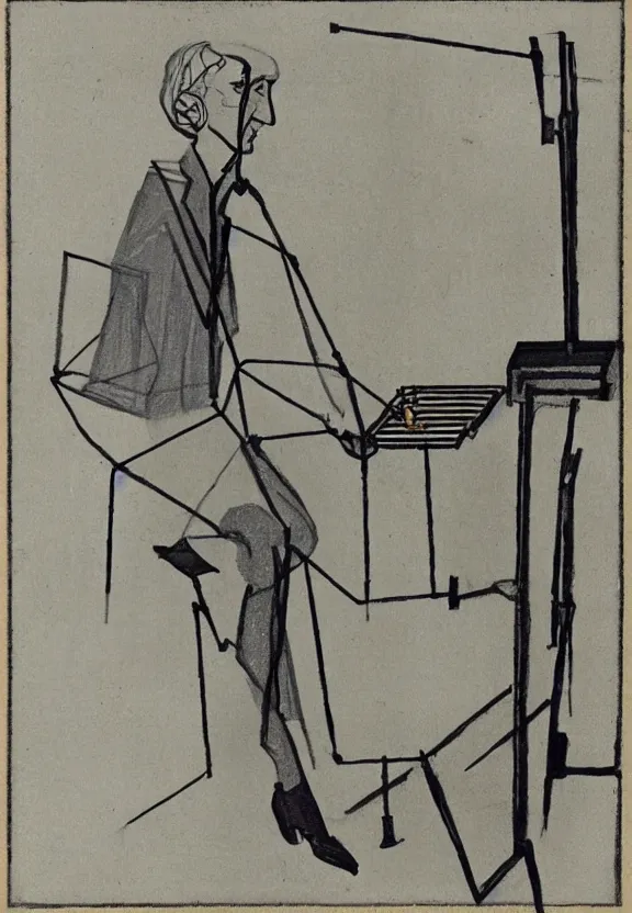 Image similar to a concept drawing of marcel duchamp holding up a chess - piece wire - machine, a surrealist painting by marcel duchamp, complex artificial - intelligence machinery, minimal sketch flow - chart, academic art, 1 9 2 0 s