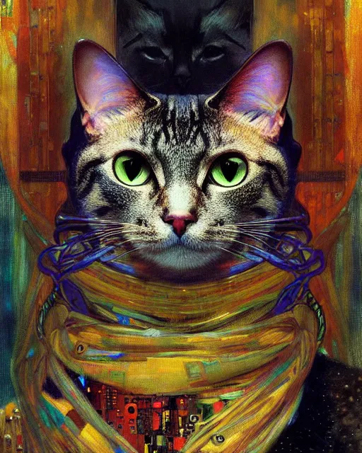 Image similar to cyberpunk cat portrait an oil painting splashes with many colors and shapes by gustav klimt greg rutkowski and alphonse mucha, polycount, generative art, psychedelic, fractalism, glitch art