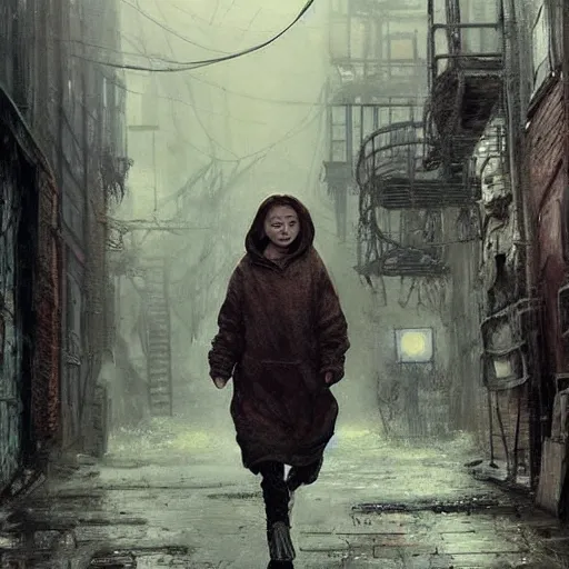 Image similar to sadie sink in oversized hoodie quickly runs by us | a scary robot runs towards us | background : alleyway near decaying tenements. concept art for scifi dystopian film. by nikolay makovsky, bob byerley, wadim kashin, andrea kowch. cinematic moody atmosphere, detailed and intricate, perfect anatomy