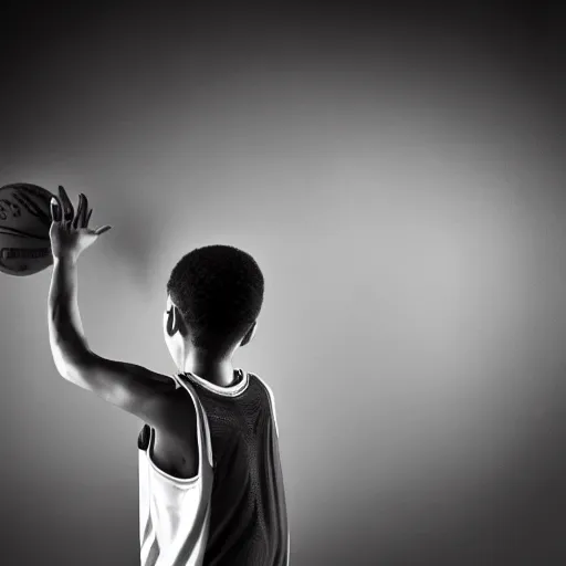 Prompt: a black and white photo of a kid shooting a basketball, mid shot, medium photography, camera angle from behind