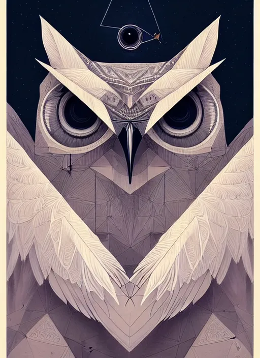 Image similar to portrait of a geometric owl, identical eyes, medium shot, illustration, full body made of white feathers, symmetrical, art stand, super detailed, cinematic lighting, and its detailed and intricate, gorgeous, by peter mohrbacher