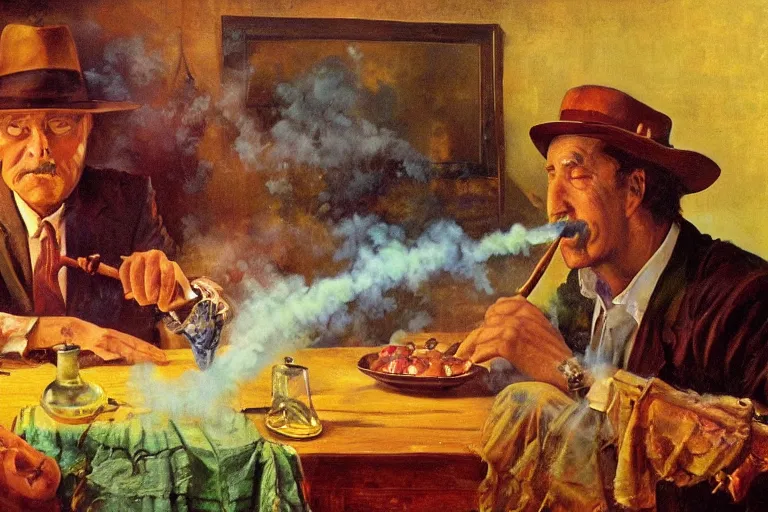 Prompt: ! dream a picture of a tobacco pipe on a table, rainbow smoke, close up, a detailed painting by mort kunstler, pixiv, kitsch movement, movie poster, official art