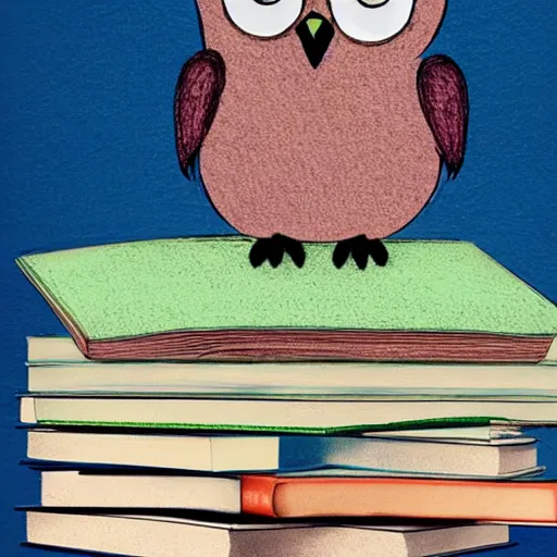 Prompt: a cute pastel owl holding a stack of books, realistic portrait