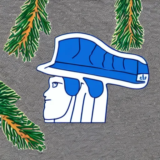 Prompt: the Sphinx in Egypt wearing a blue and white Dipper Pines hat with a blue pine tree logo