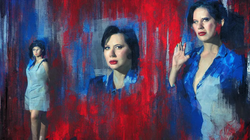 Prompt: portrait of rebekah delrio in mulholland drive, blue and red lights painted by craig mullins