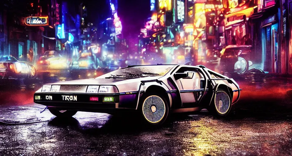 Image similar to a 2 8 mm closeup photo of a tela tron neon delorean back to the future car on wet city street at night, intricate, hyper detailed, smooth, high contrast, neon, volumetric lighting, octane, moebius, greg rutkowski, blade runner, ripley scott, mad max, cindmatic